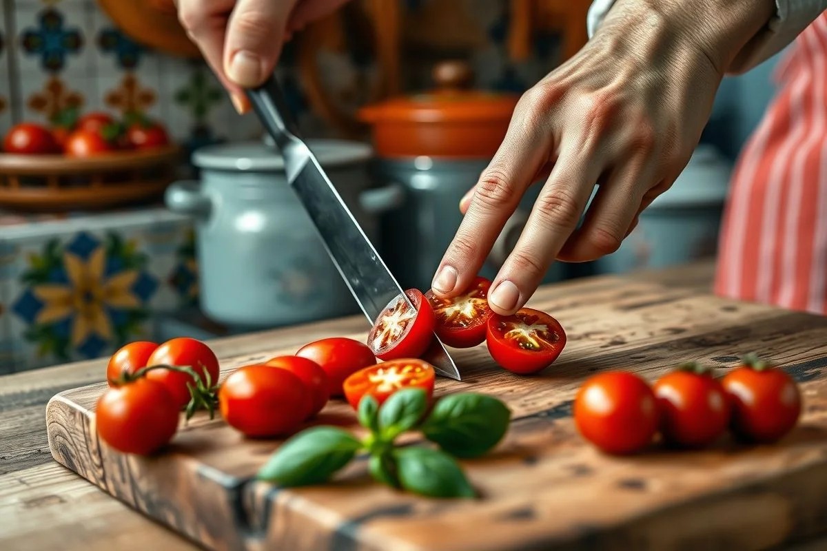 Mãos cortando tomates cereja ao meio em tábua de madeira.