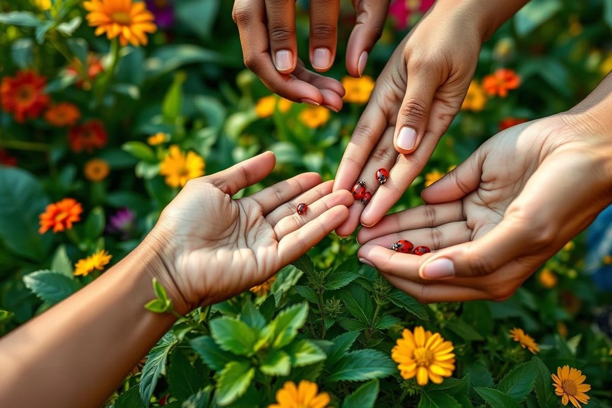 Mãos soltando joaninhas em plantas com pulgões, controle natural de pragas.