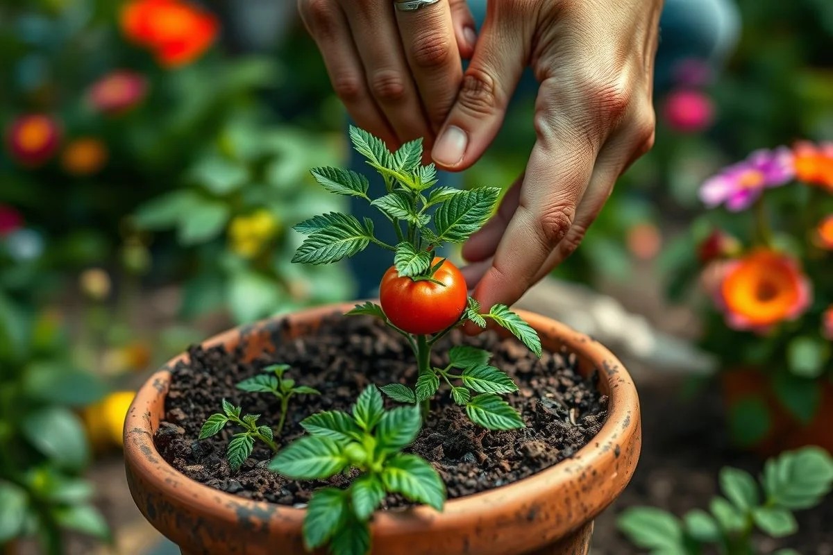 Transplantando muda de tomate em vaso com terra rica em nutrientes.