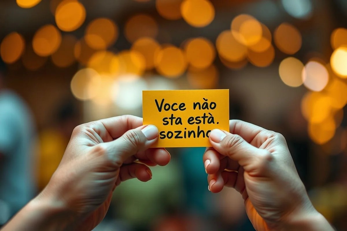 Mãos segurando cartão amarelo com 'Você não está sozinho' em português.