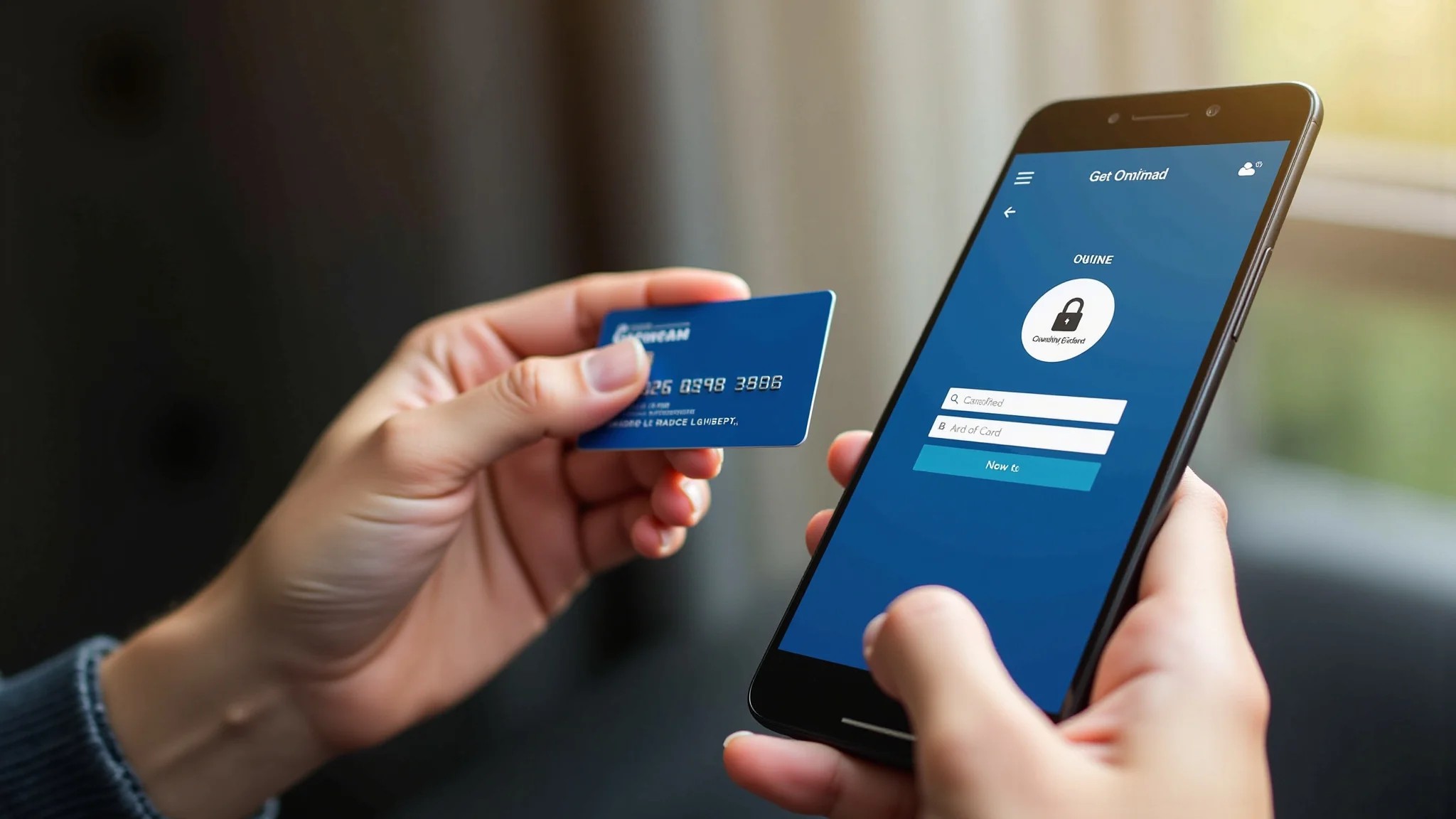 Mãos segurando cartão de crédito e smartphone, pagamento online seguro, cores vibrantes.