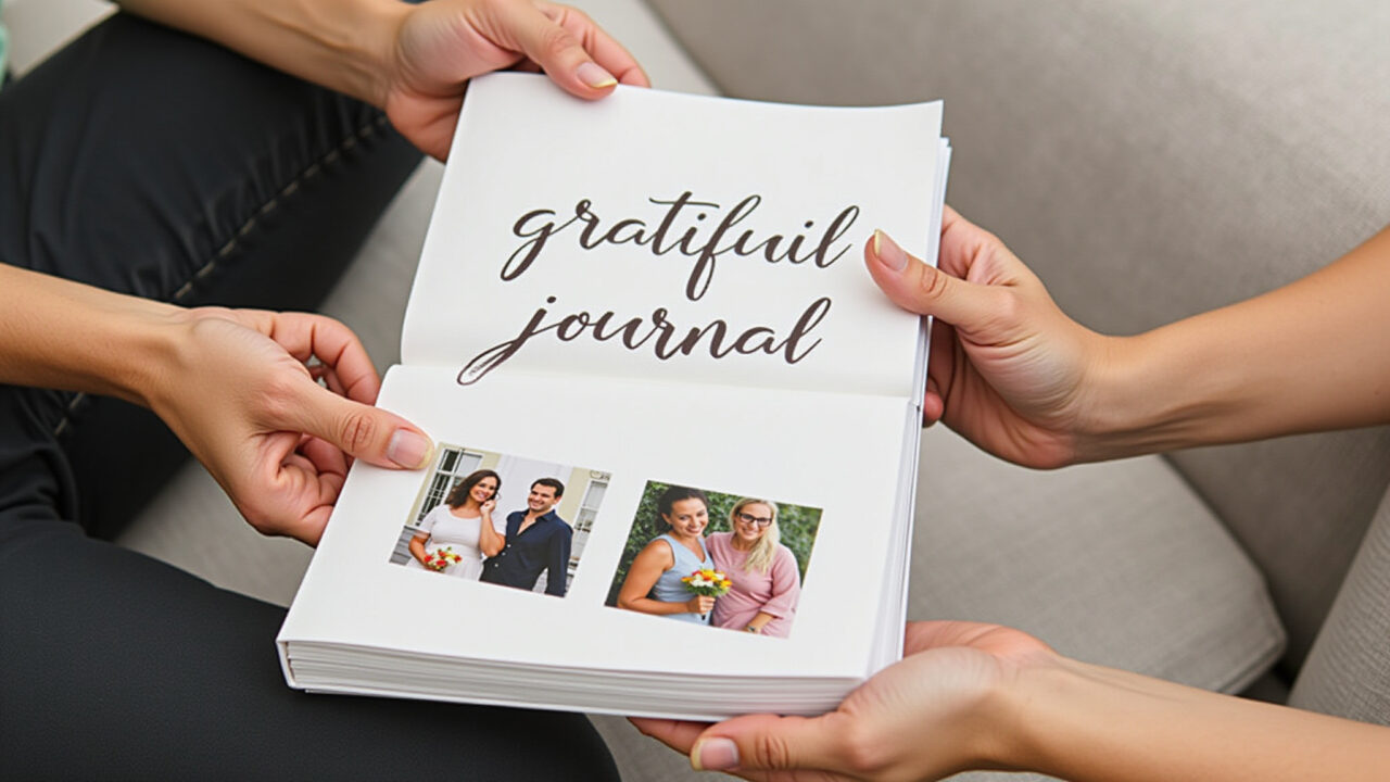 Mãos segurando um diário de gratidão com fotos e lembranças.