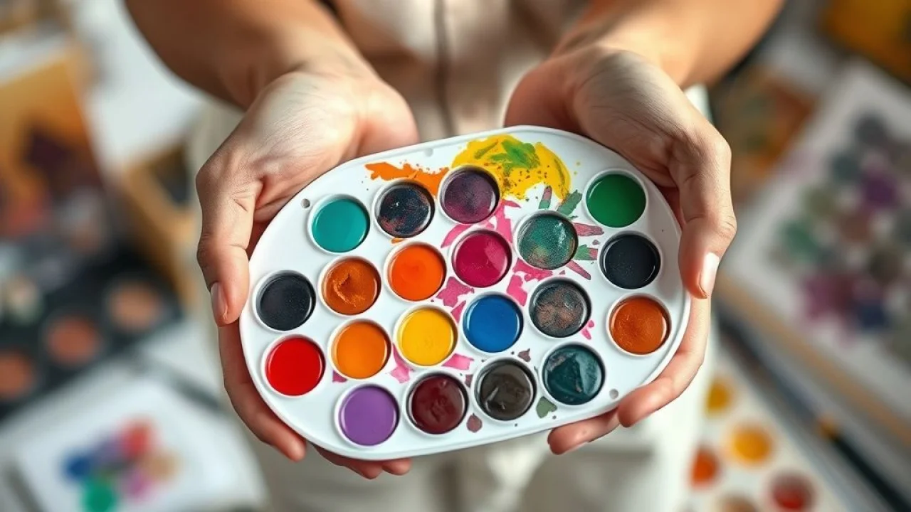 Mãos misturando cores vibrantes em uma paleta de aquarela, destacando a arte de combinar tons.