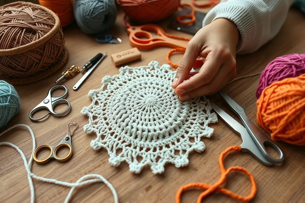 Mãos de artesão brasileiro crocheteando porta copos de algodão