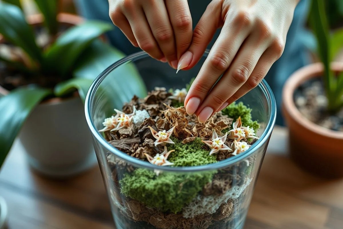 Mulher brasileira preparando substrato para orquídea com casca de pinus, musgo e fibra de coco.