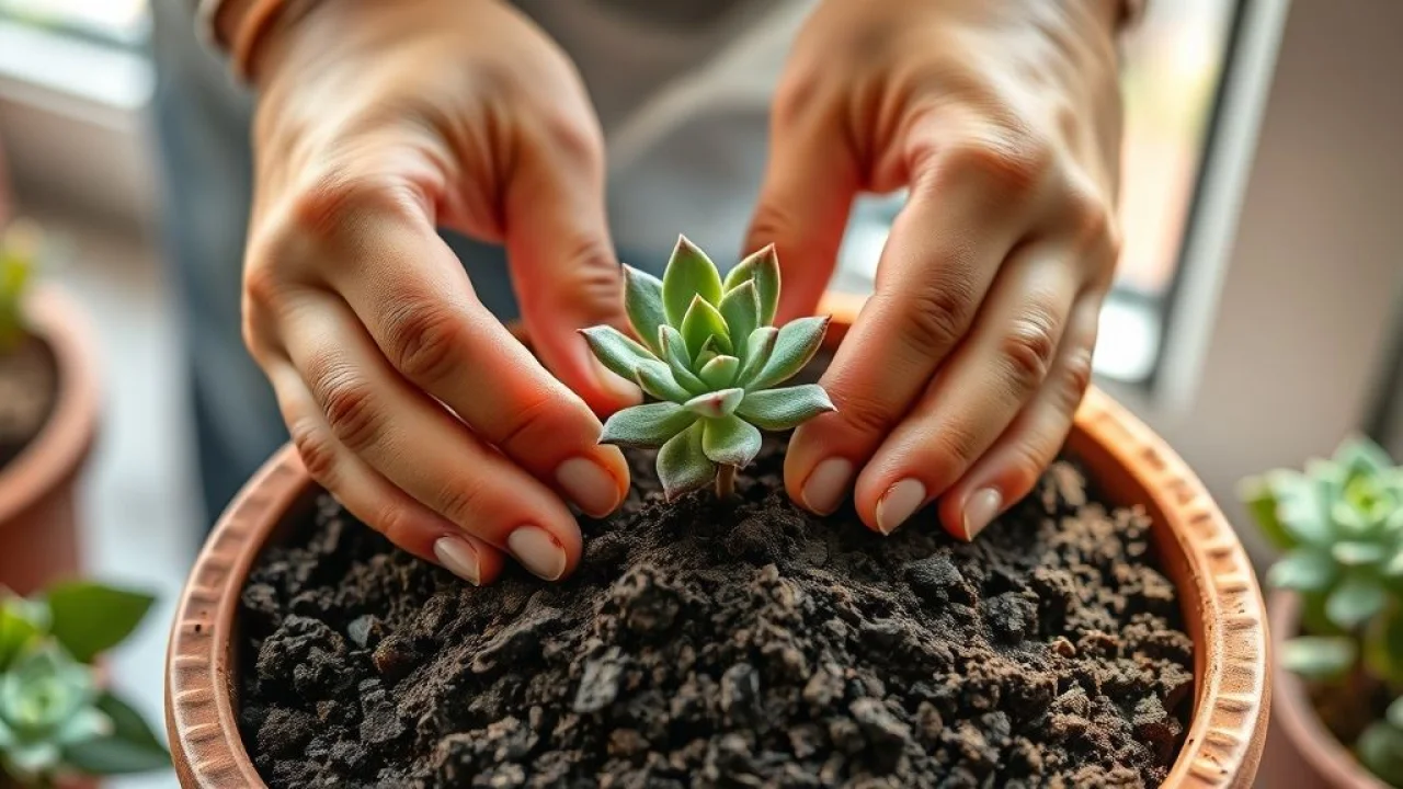 Mãos plantando suculenta em vaso de barro com substrato adequado.