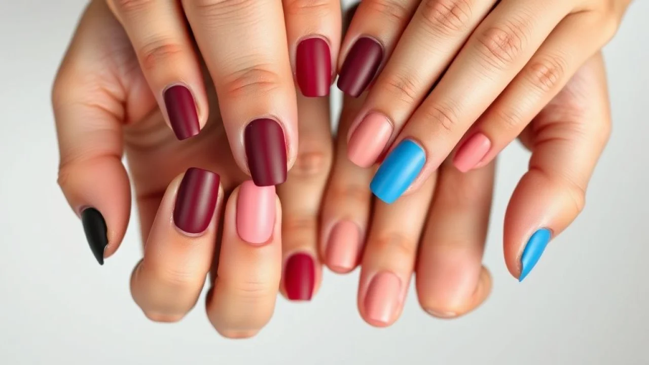 Hands showcasing various matte nail polish colors: black, burgundy, pastel pink, vibrant blue, soft Variedade de cores de esmalte matte: preto, vinho, rosa pastel, azul vibrante.