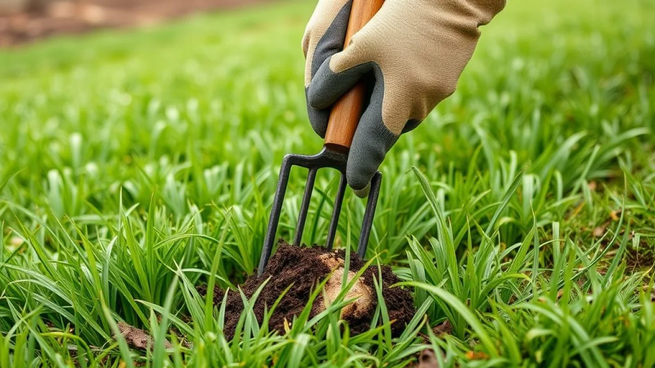 Remoção manual de tiririca com garfo de jardinagem em gramado.