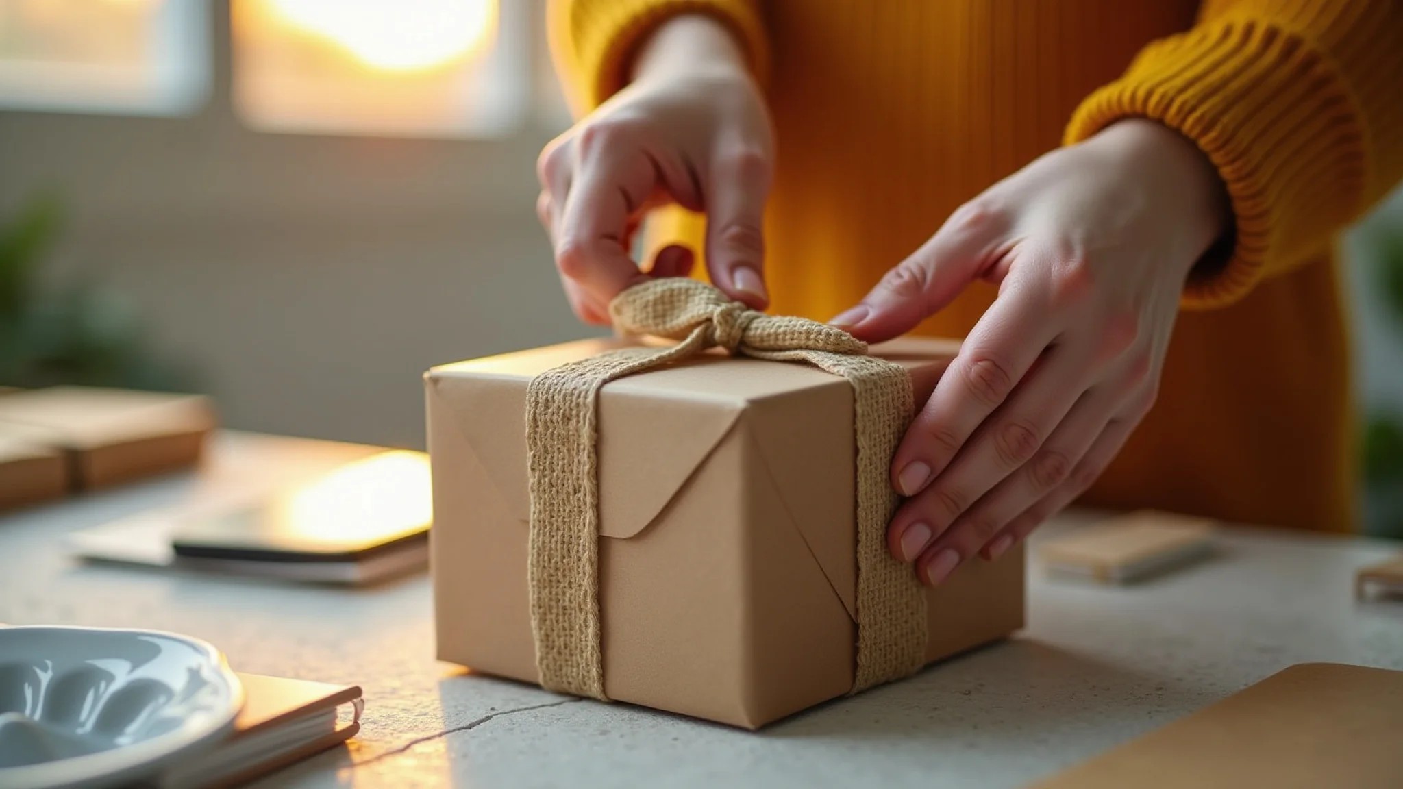 Mãos embrulhando presente em caixa decorada com materiais reciclados.