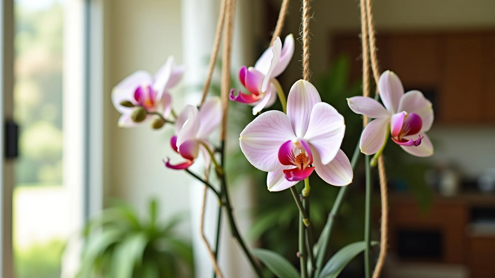 Kokedamas penduradas com orquídeas em sala de estar brasileira iluminada e arejada.