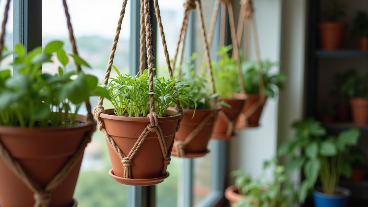 Vasos suspensos com ervas em varanda decorada com macramê.