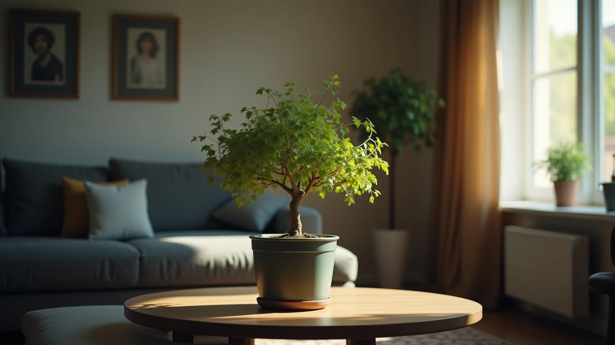 Árvore da Felicidade em vaso estiloso em sala com pouca luz, boas energias.