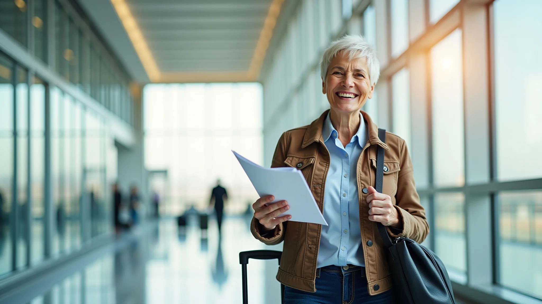 Mulher idosa feliz no aeroporto com mala e documentos de seguro viagem.