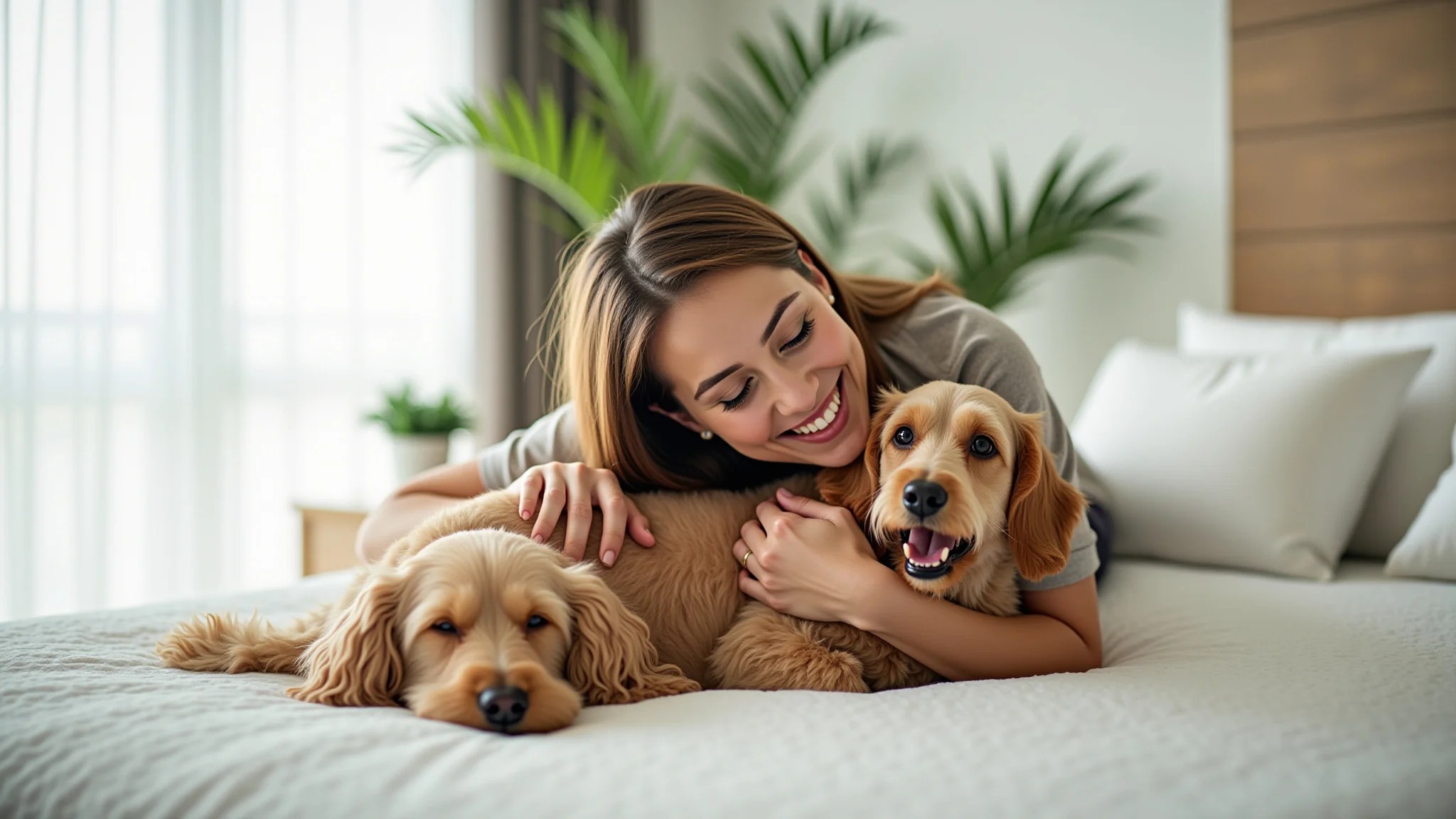 Mulher feliz abraçando cachorro em quarto de hotel pet-friendly com decoração brasileira.