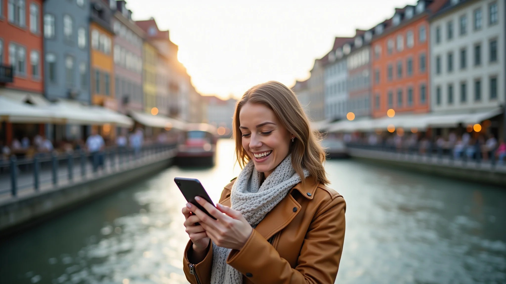 Mulher feliz usando app de viagem no celular com cidade europeia ao fundo.