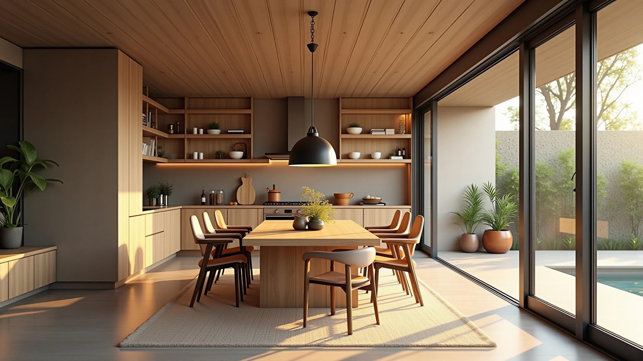 Cozinha e sala integradas com mesa de jantar, design brasileiro e iluminação suave.