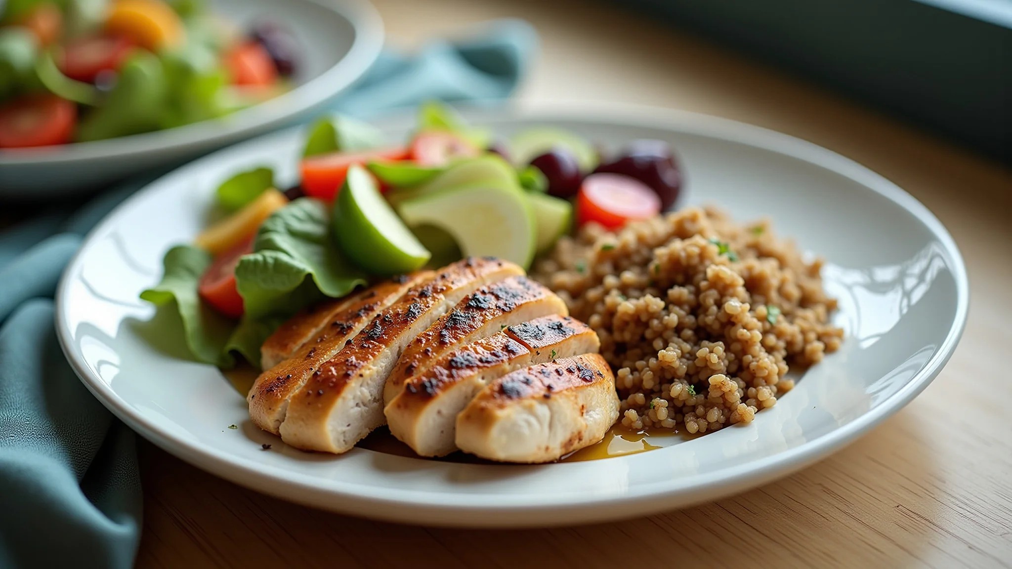 Refeição saudável para grávida: salada de quinoa, frango grelhado.