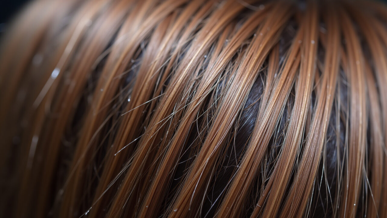 Close-up de pontas duplas em cabelo danificado por calor.