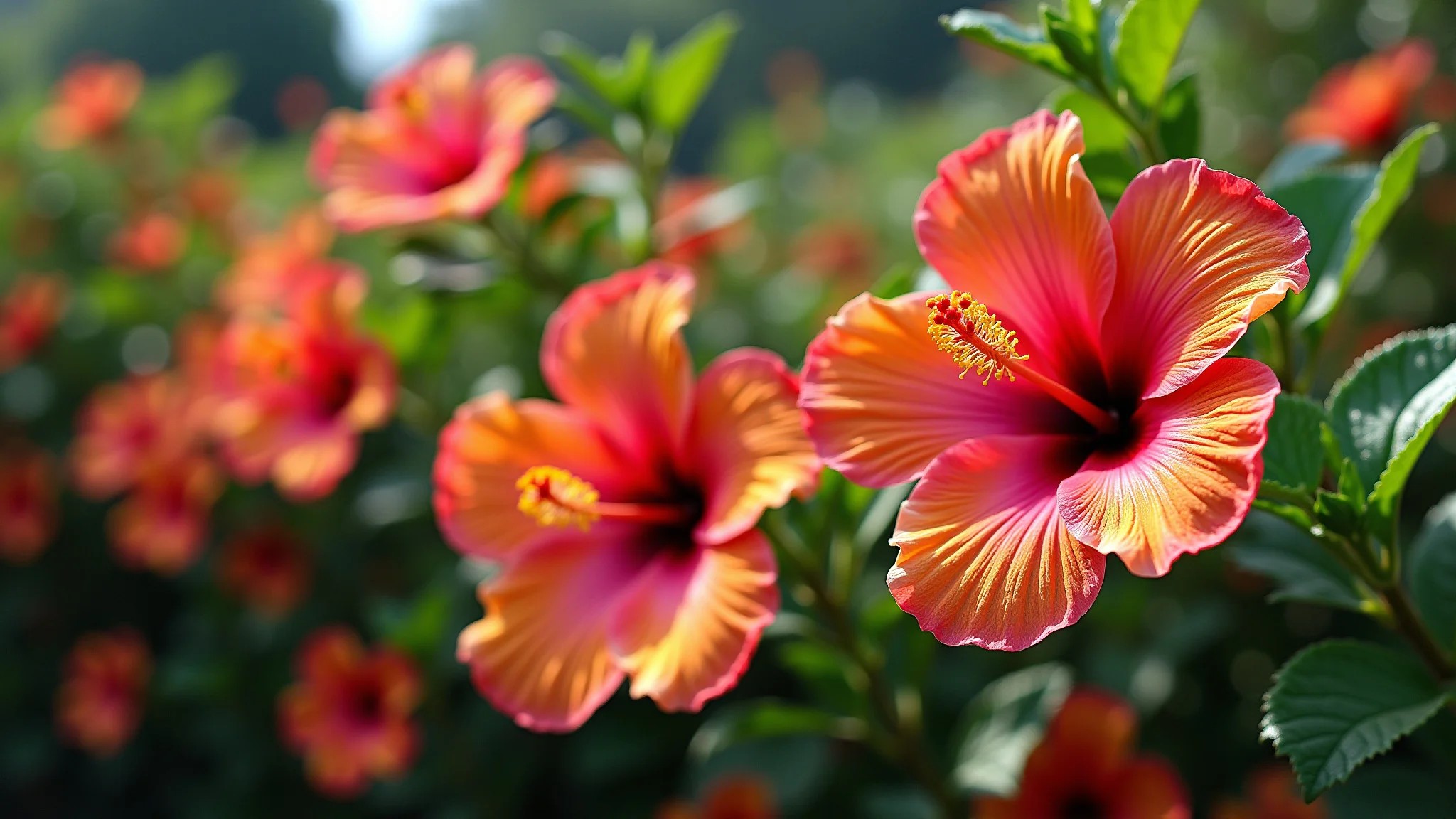 Cerca viva de Hibisco com flores coloridas em um jardim tropical brasileiro.