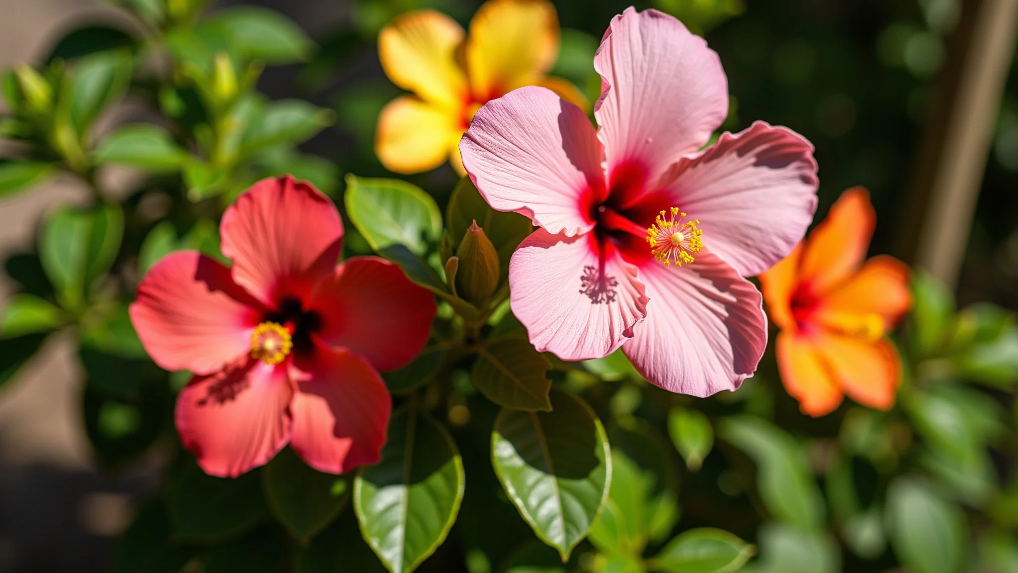 Flores de Hibisco em várias cores (vermelho, rosa, amarelo, laranja) florescendo em um jardim brasileiro ensolarado.