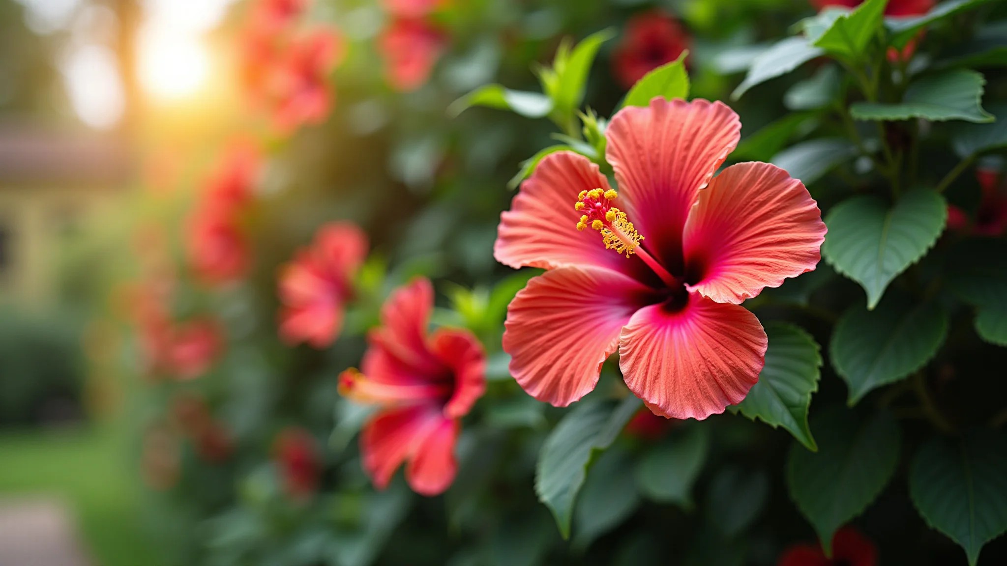 Cerca viva de hibisco em plena floração com cores vibrantes.