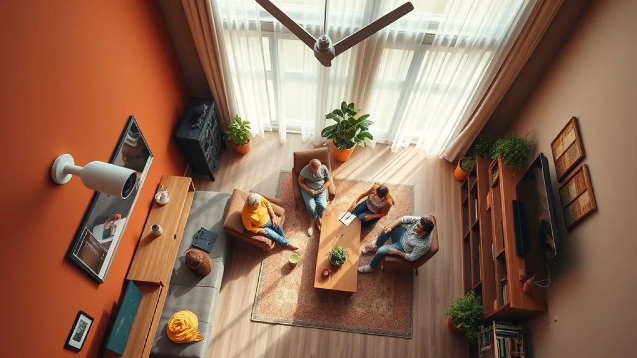 Câmera de segurança Wi-Fi monitorando sala de estar brasileira com família