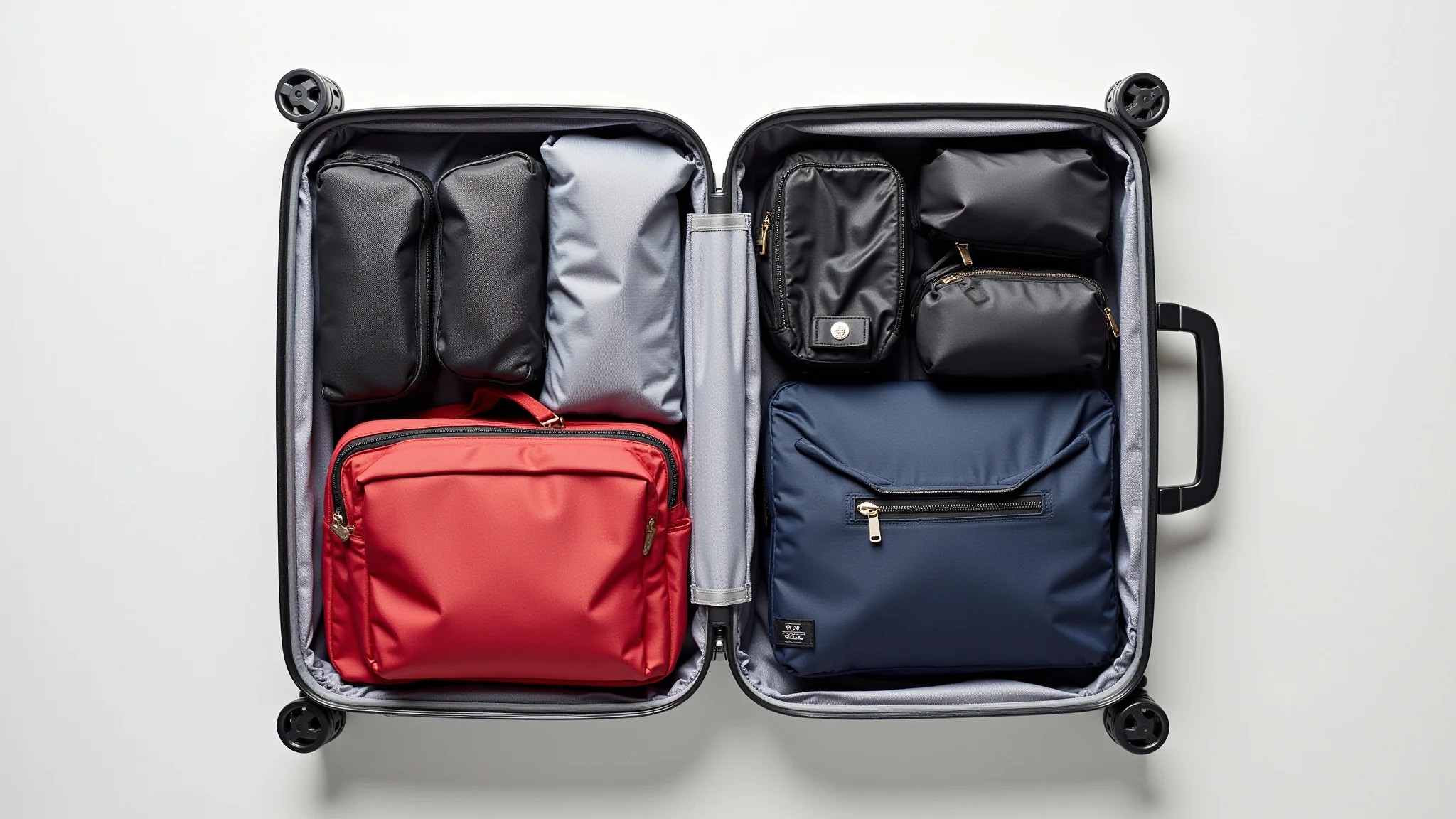 Mala de mão organizada com itens essenciais para viagem, mostrando técnicas de organização.