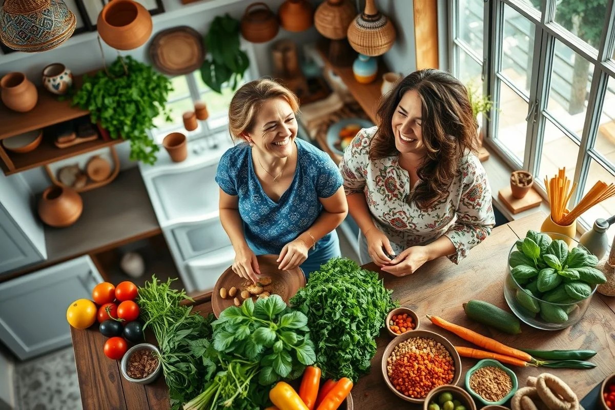 Sogra e nora rindo juntas em aula de culinária.