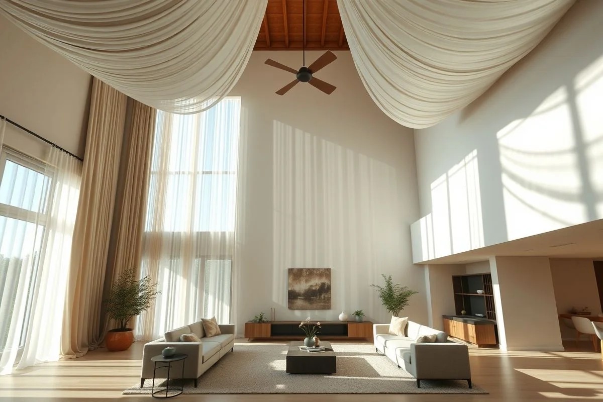 Sala com pé direito alto e cortinas longas, criando efeito dramático.