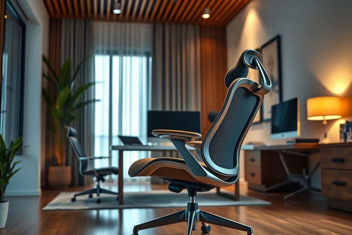Cadeira ergonômica de alta qualidade em um escritório doméstico moderno.