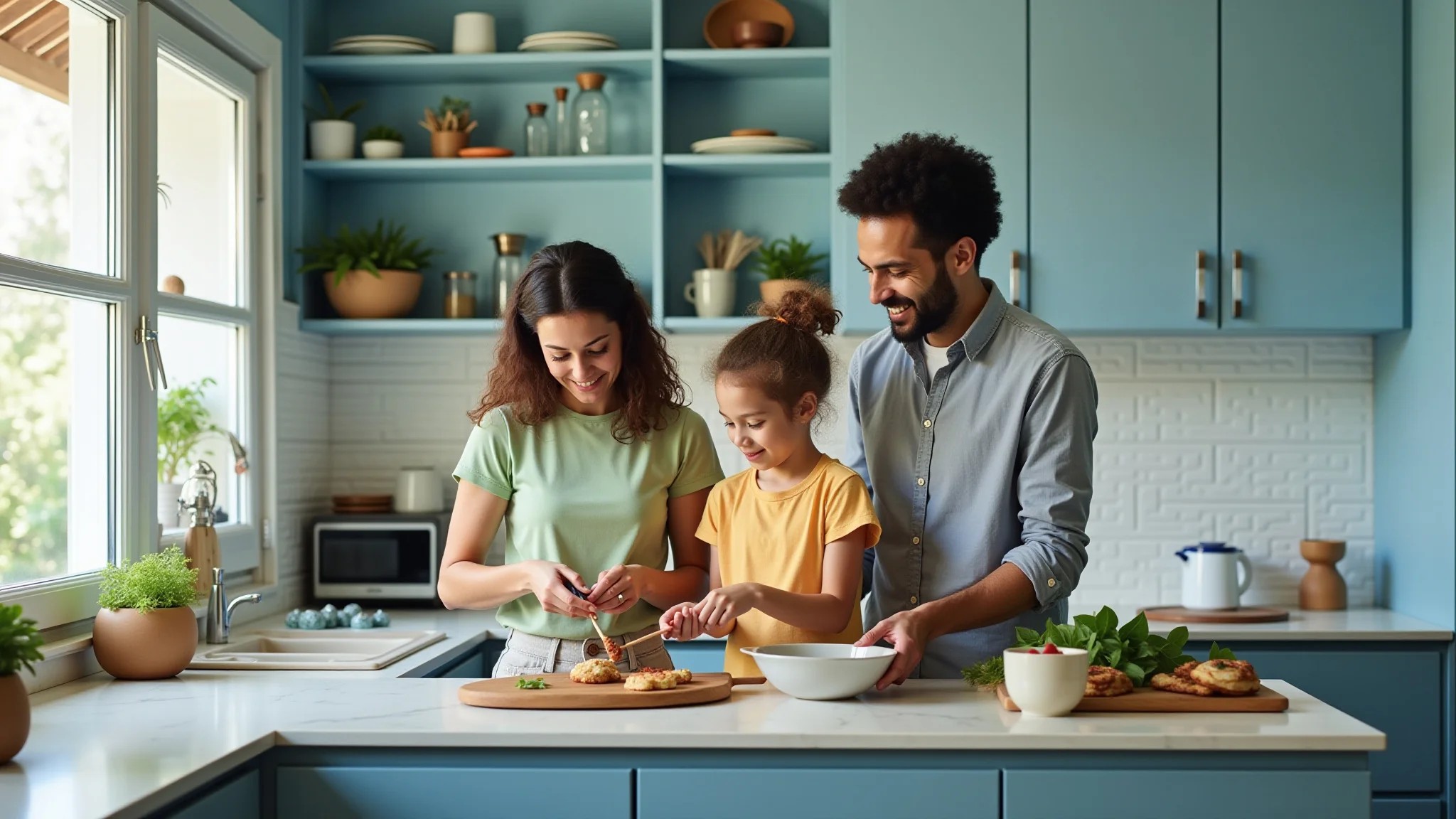Família brasileira em cozinha azul clara e aconchegante.