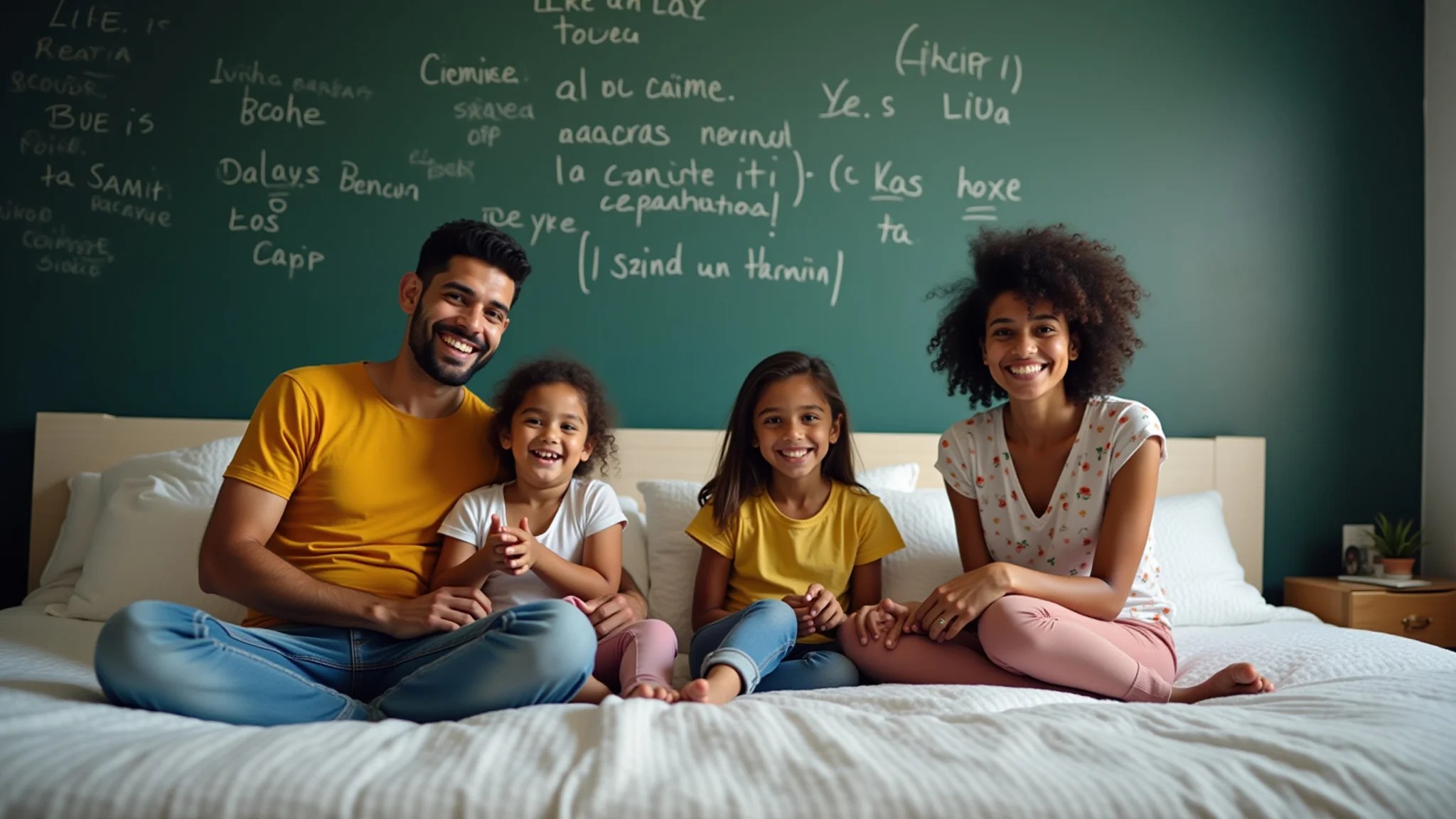 Família brasileira em quarto com parede de lousa recém-pintada.