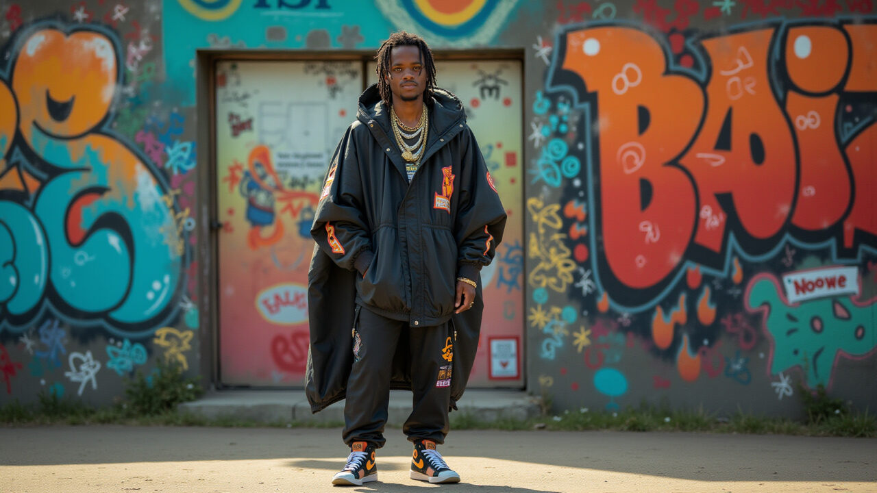 Streetwear hip hop: jaqueta oversized e tênis em favela brasileira.