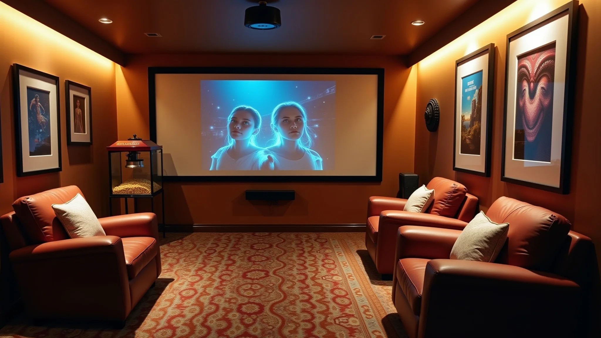Sala de cinema em casa com poltronas confortáveis, máquina de pipoca e posters de filmes.