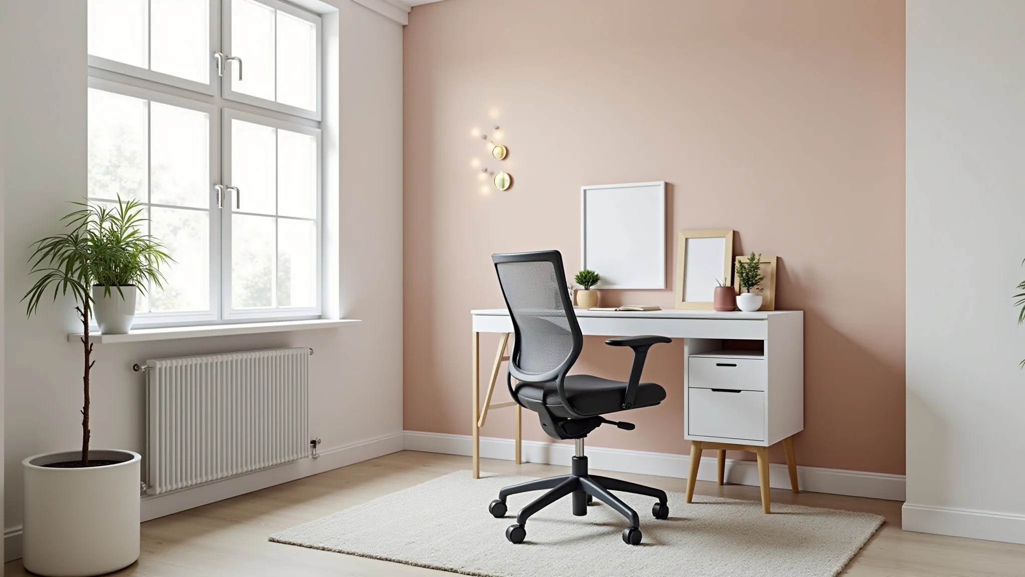 Canto de home office com paleta de cores pastel, decoração minimalista e cadeira ergonômica.