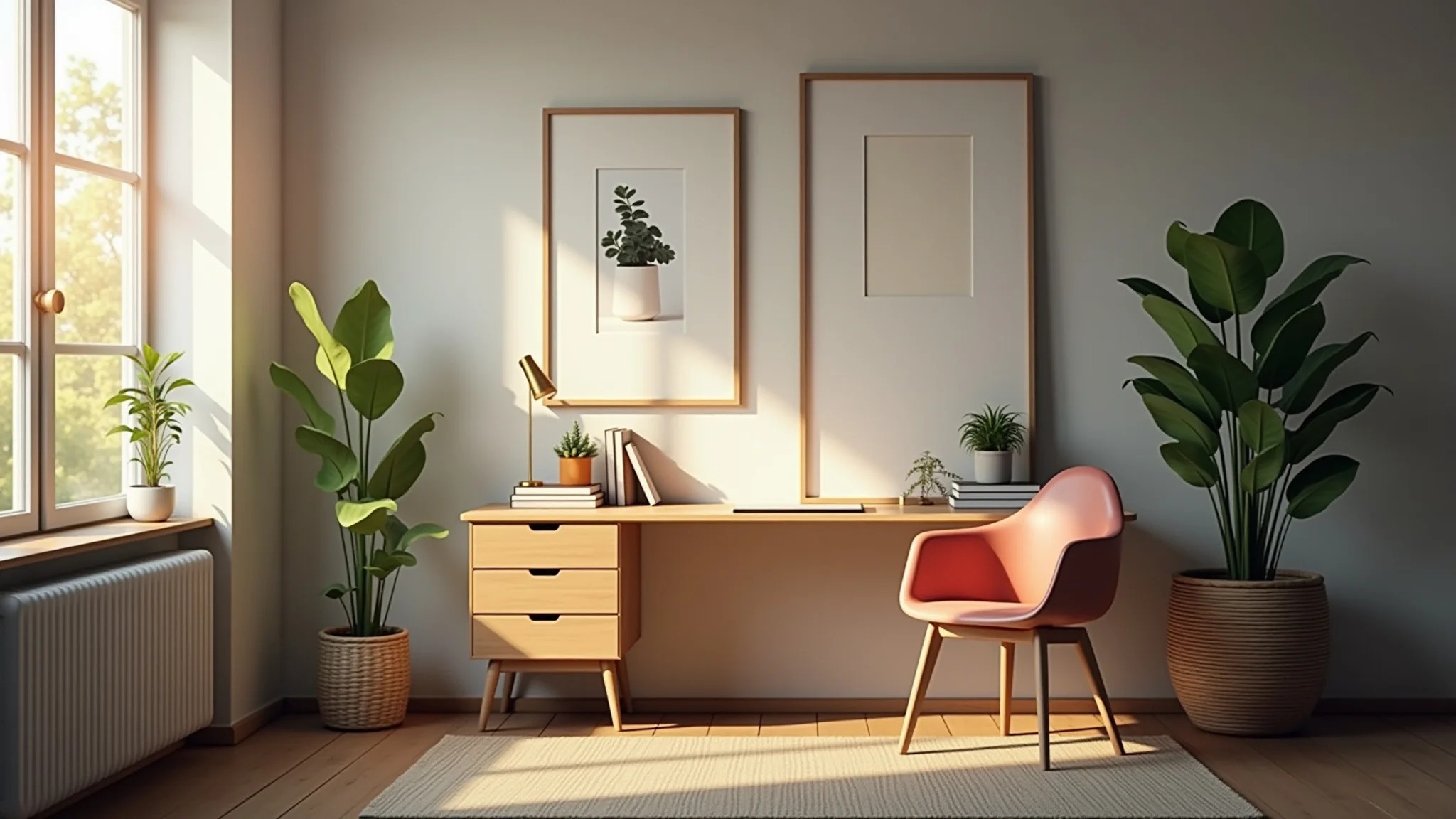 Canto de home office com quadros apoiados, plantas e atmosfera aconchegante.