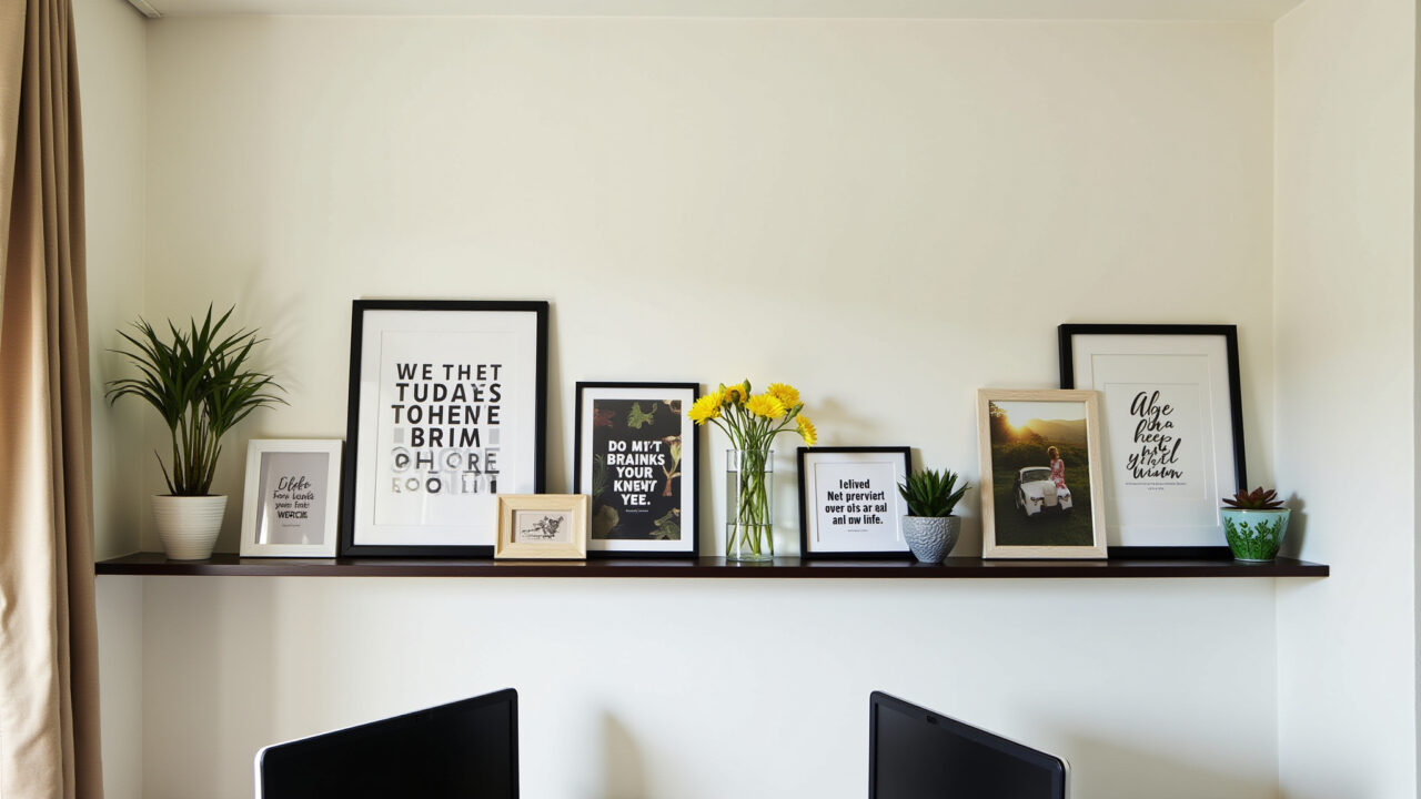 Escritório em casa com prateleira para quadros exibindo frases inspiradoras.