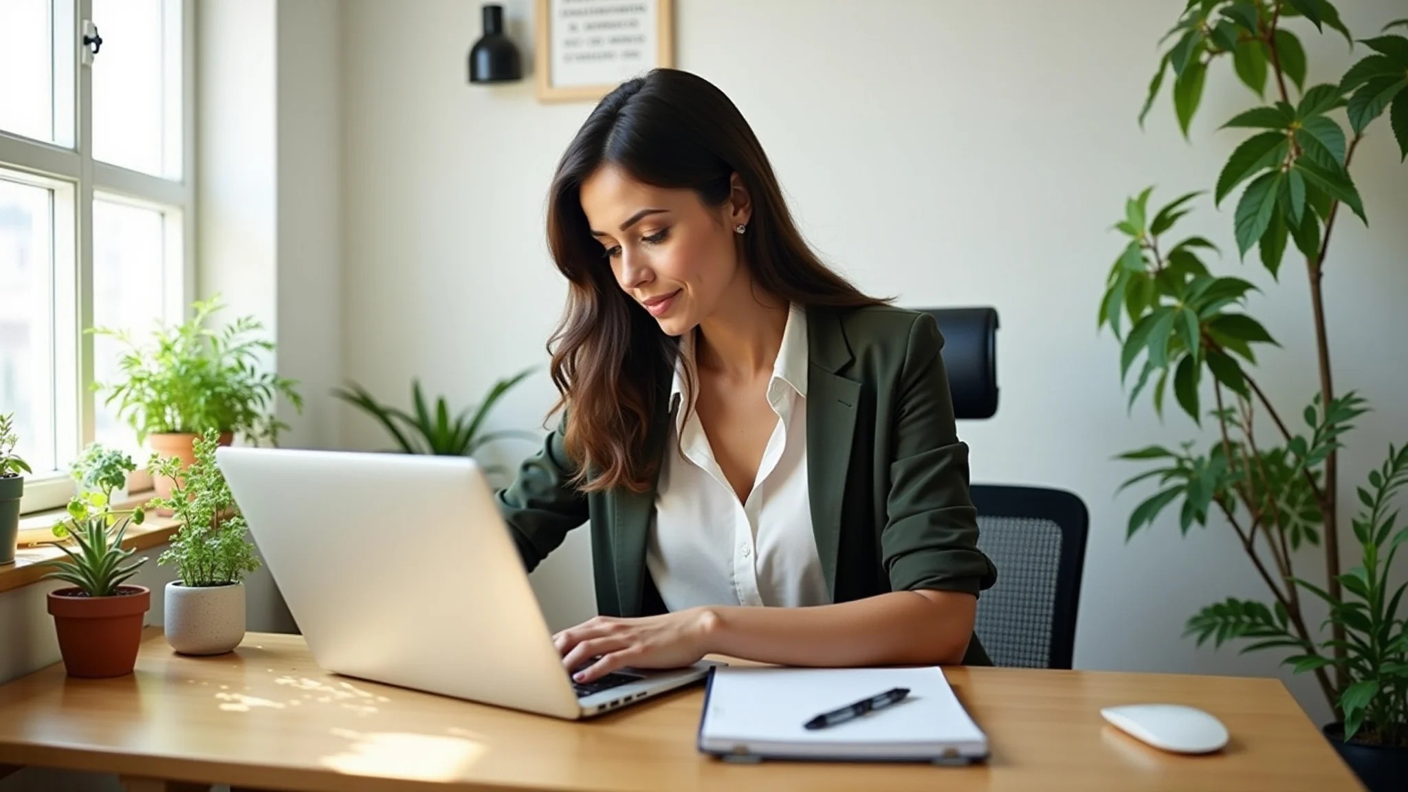 Home office feminino minimalista com iluminação natural e plantas.