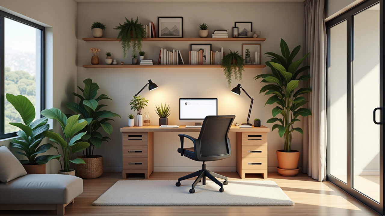Home office funcional integrado ao quarto de casal.