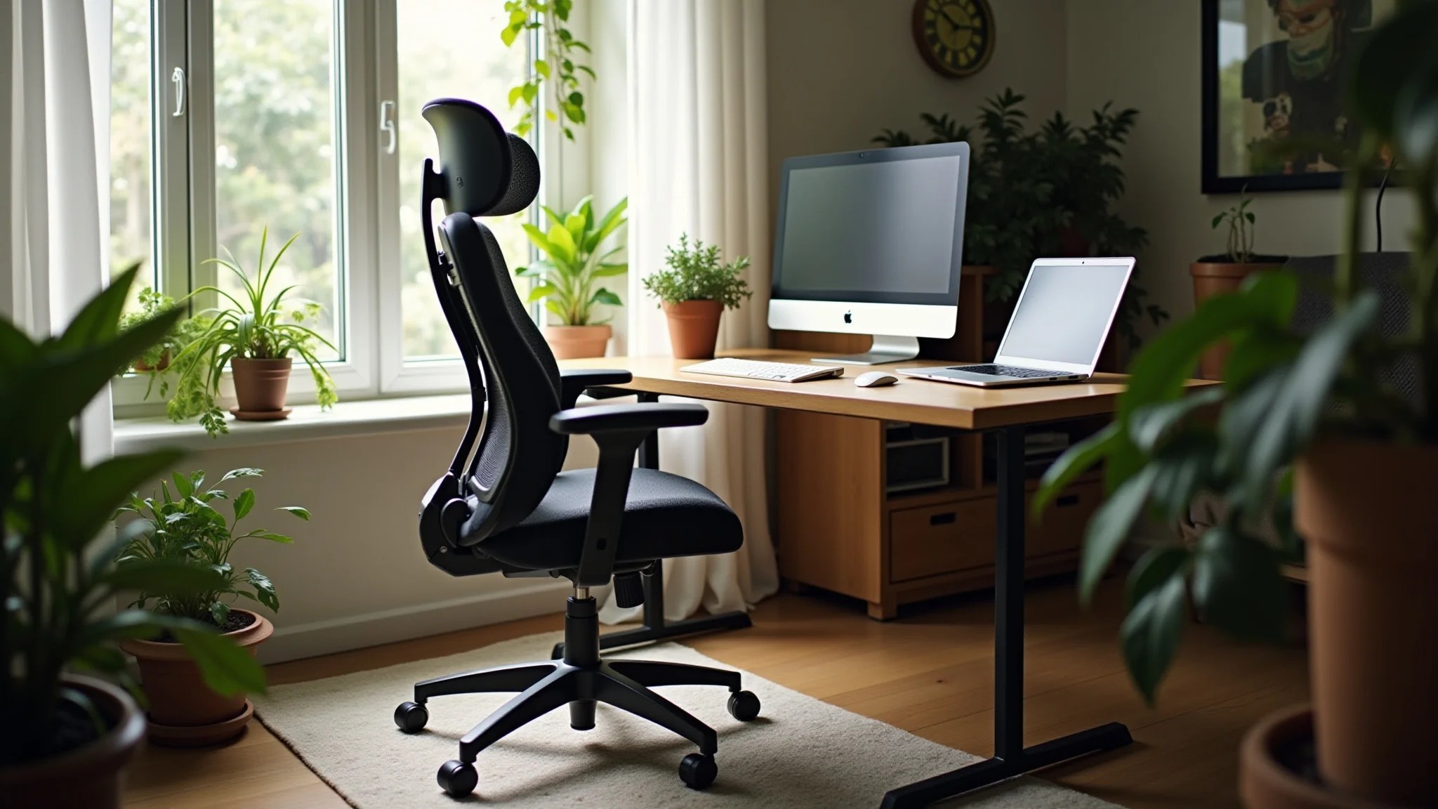 Home office aconchegante com cadeira ergonômica e decoração brasileira.