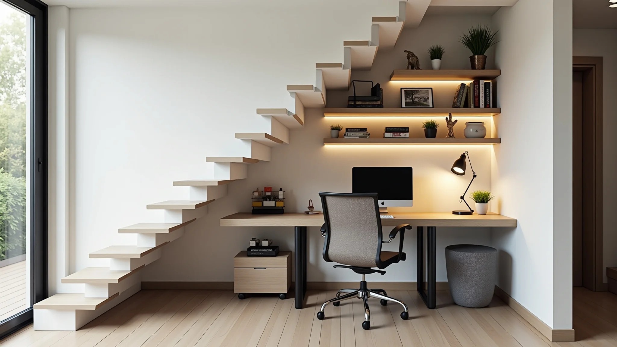 Home office funcional embaixo da escada em sala moderna com iluminação clara.