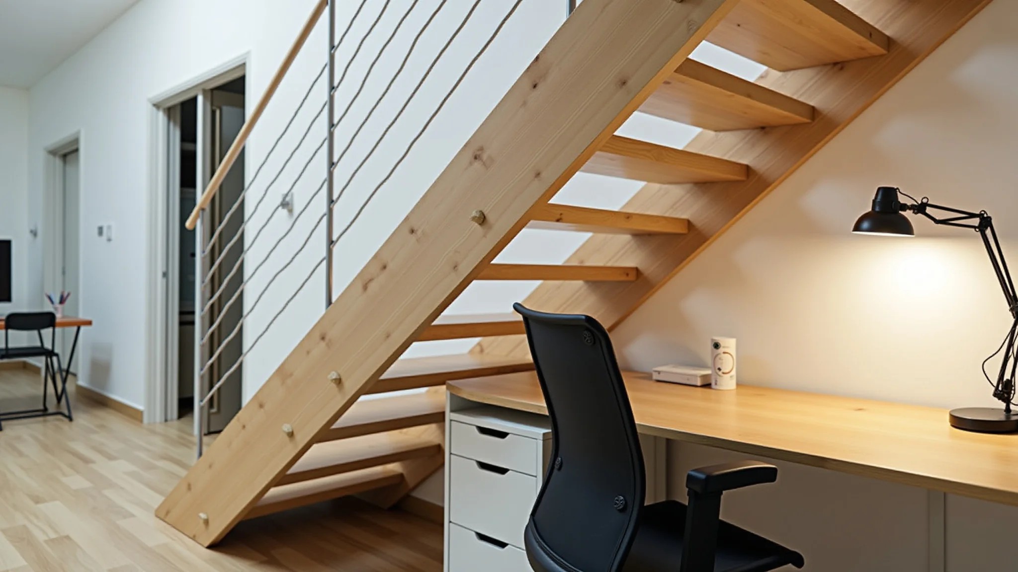 Home office montado sob a escada com mesa de madeira, cadeira ergonômica e iluminação.