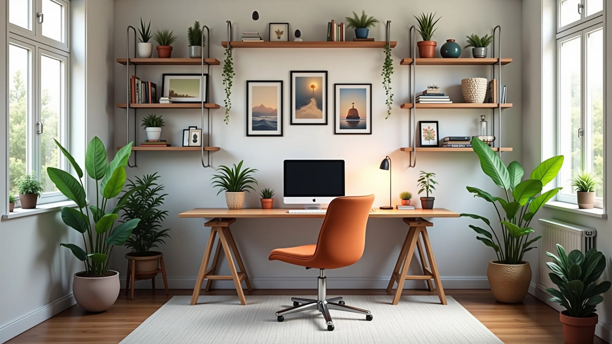 Home office com coleção de pequenos quadros em prateleiras e plantas.