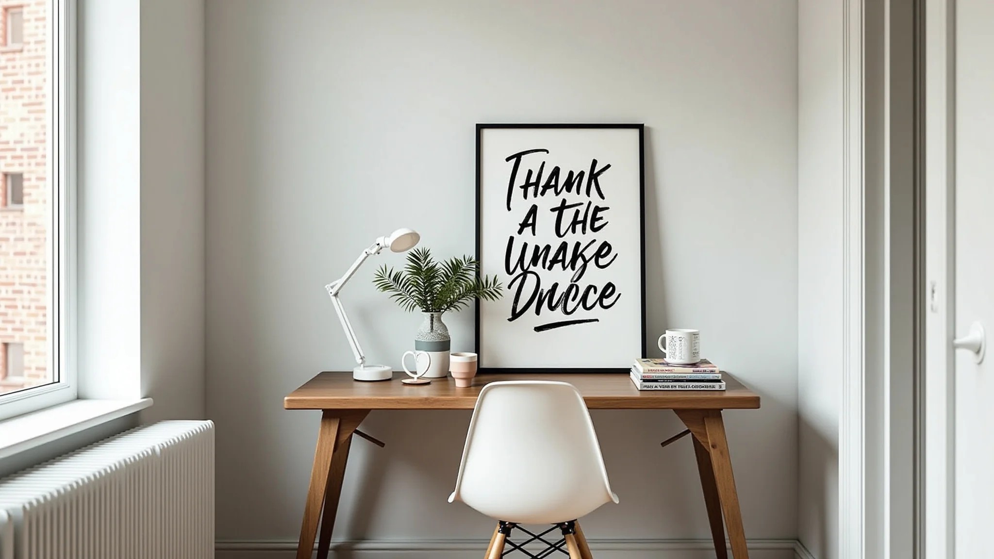 Home office com quadro grande de frase motivacional e mesa organizada.