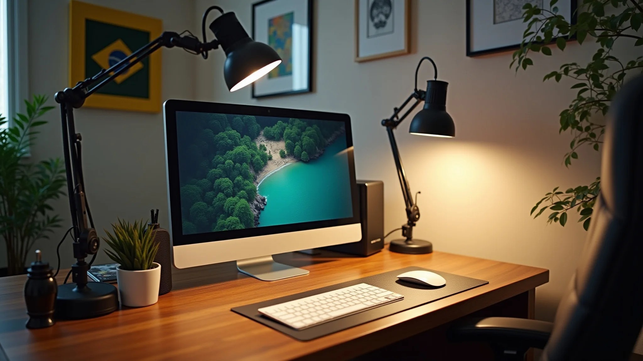 Escritório em casa com spots direcionáveis focados em arte brasileira.