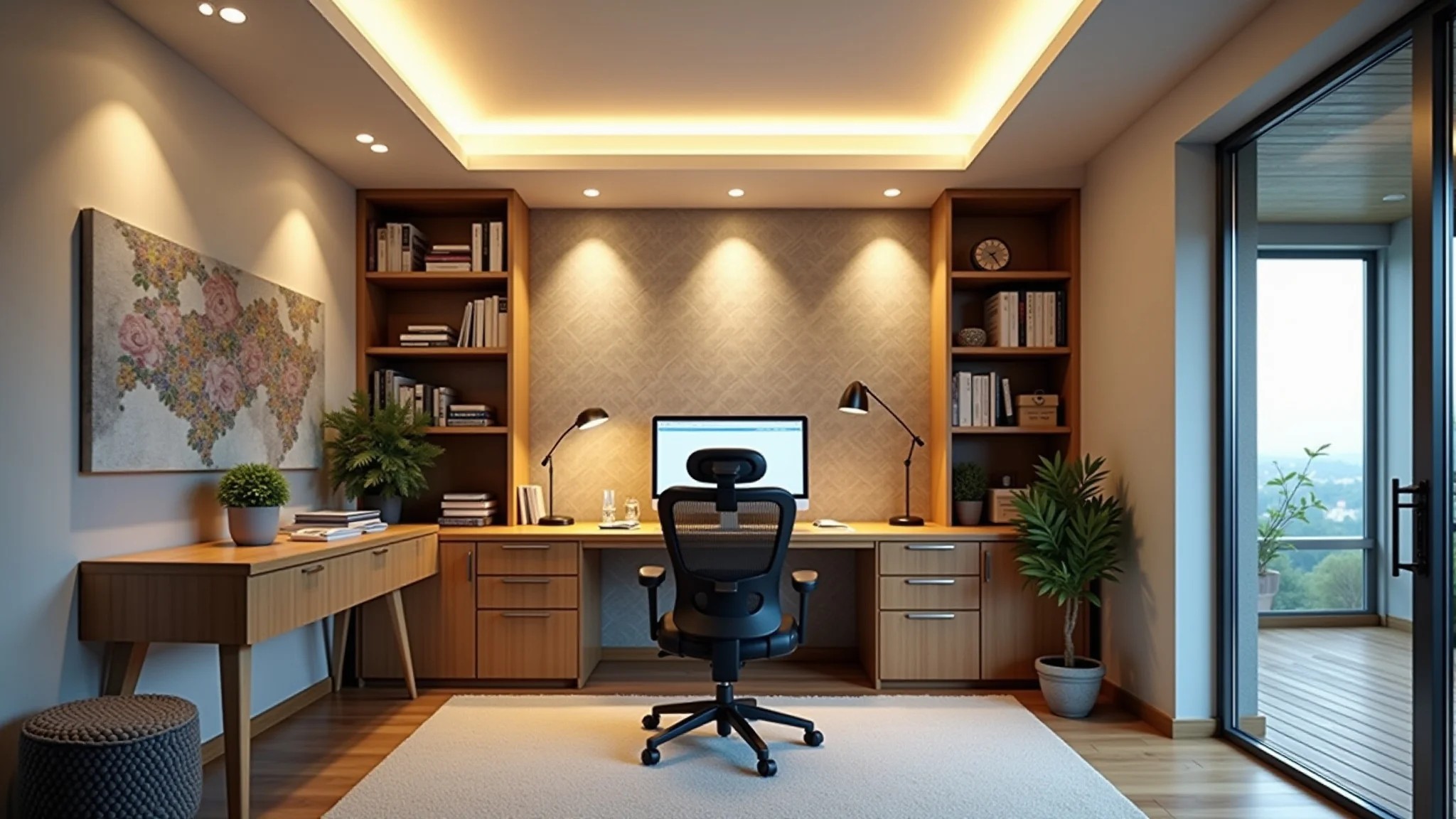 Home office com iluminação ajustável, cadeira ergonômica e decoração brasileira.