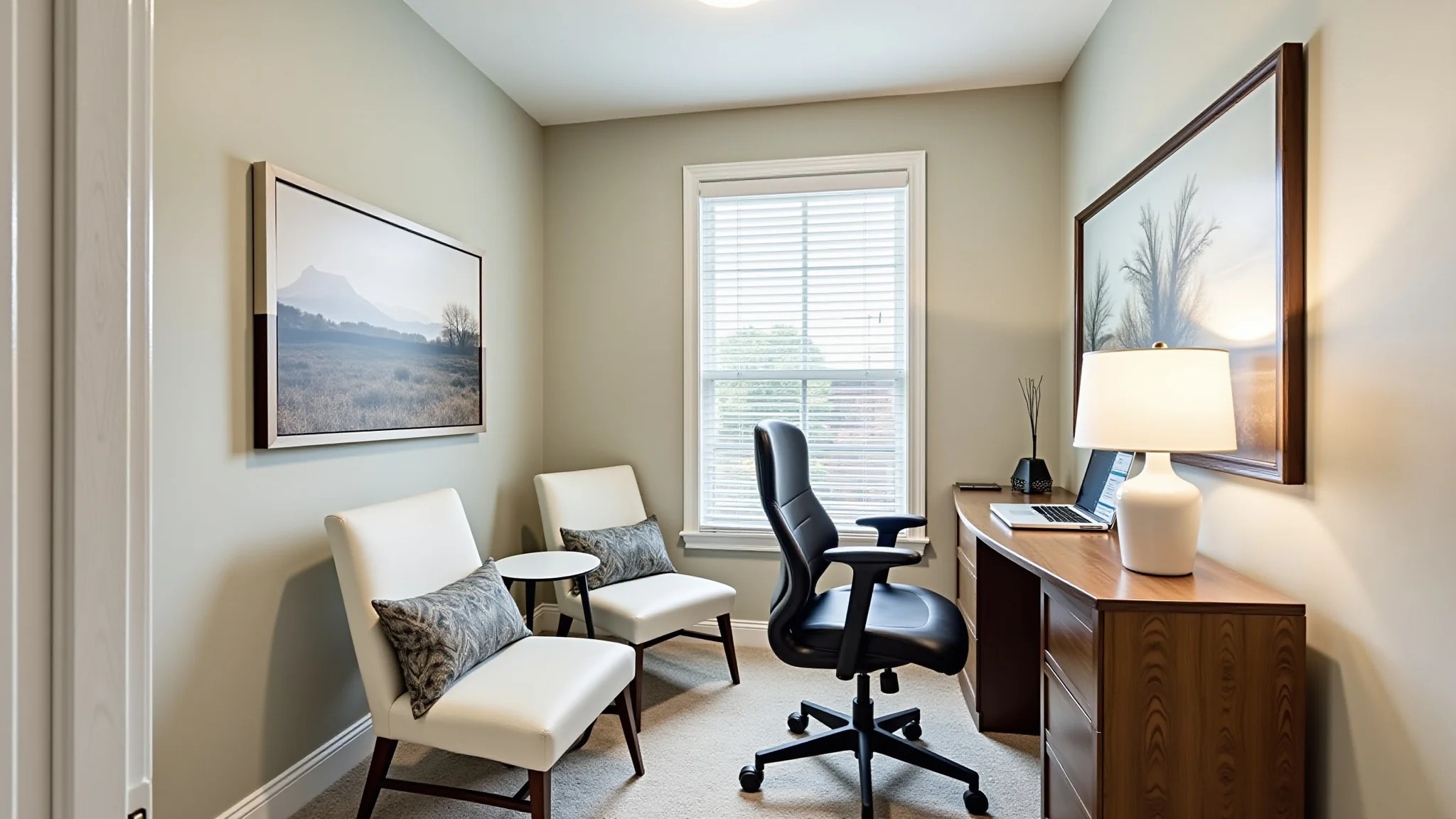 Home office com quadro de paisagem, cores calmas e cadeira ergonômica.