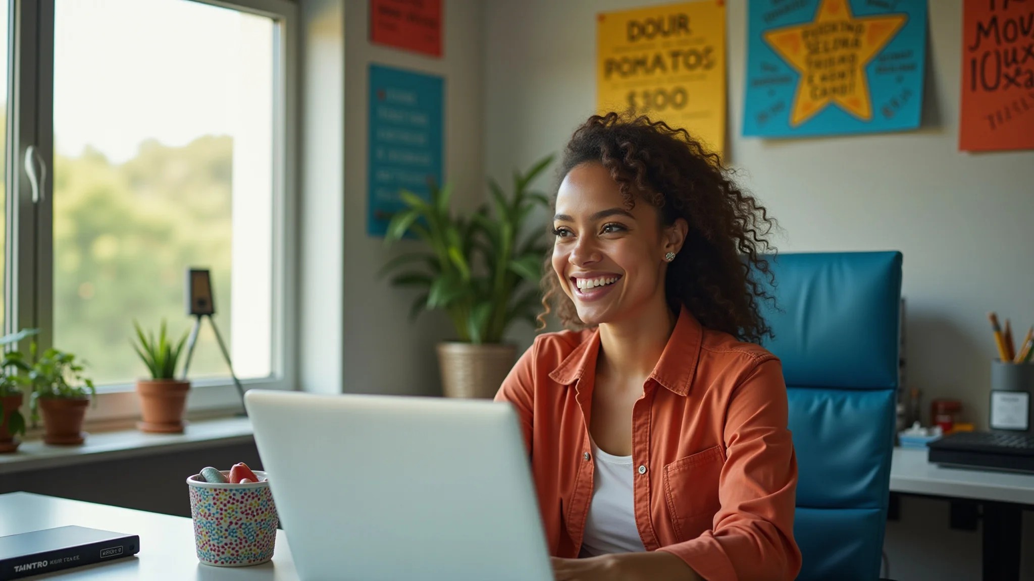Home office com frases motivacionais e mulher sorrindo em ambiente iluminado.