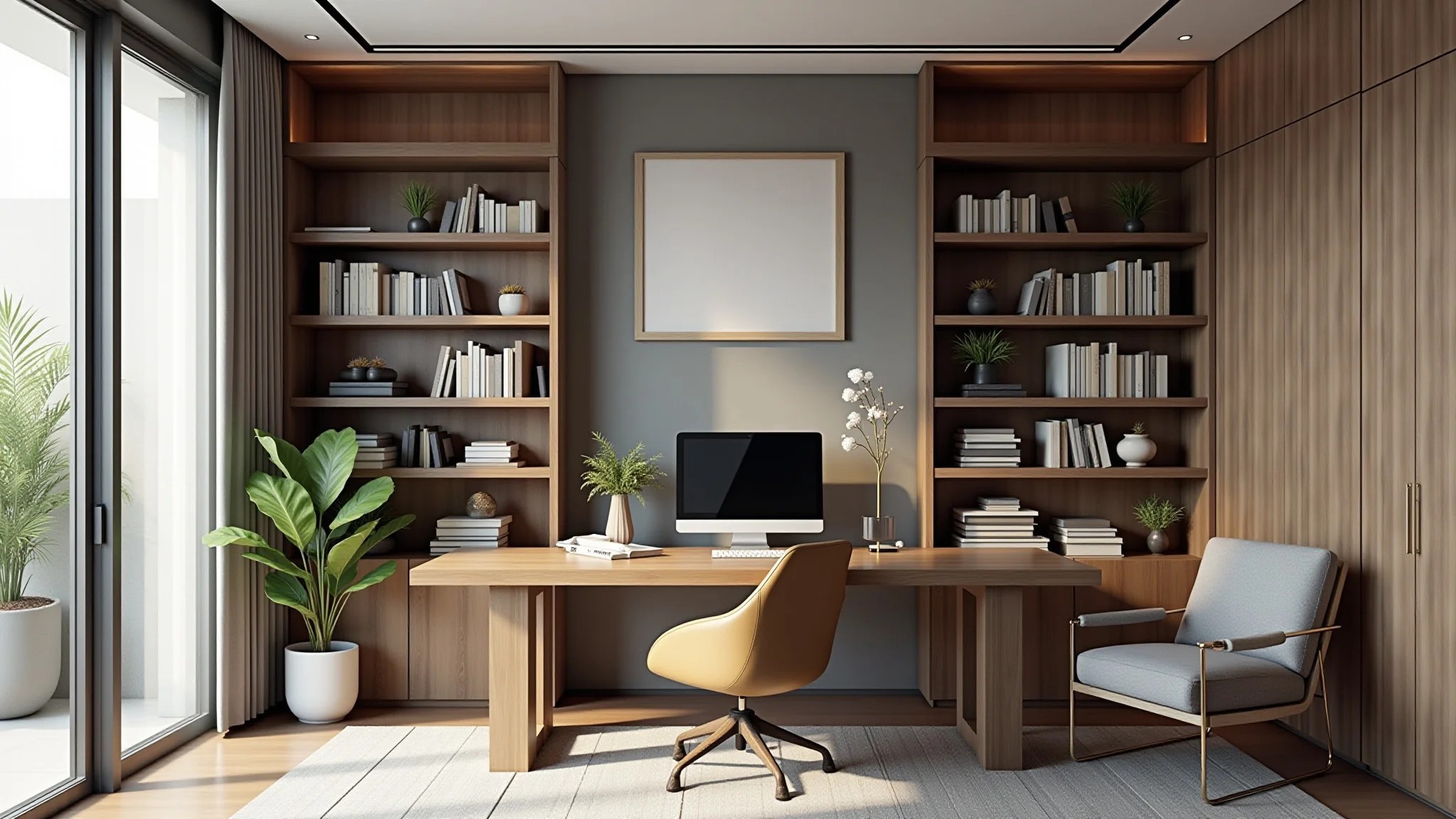Home office com nichos acima da mesa, cheios de livros e objetos inspiradores.
