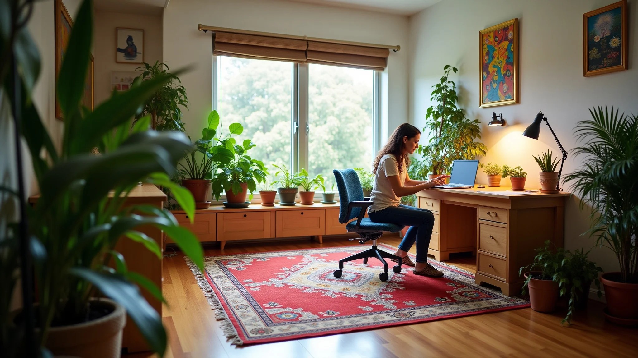 Home office com tapete e mulher trabalhando em ambiente iluminado com plantas.